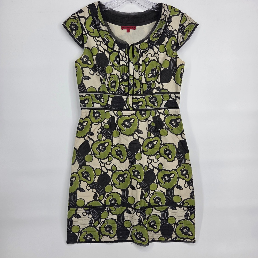 Vivienne Tam Floral Silk Cotton Dress 2 Green Black Art-Inspired Boho Retro Mod